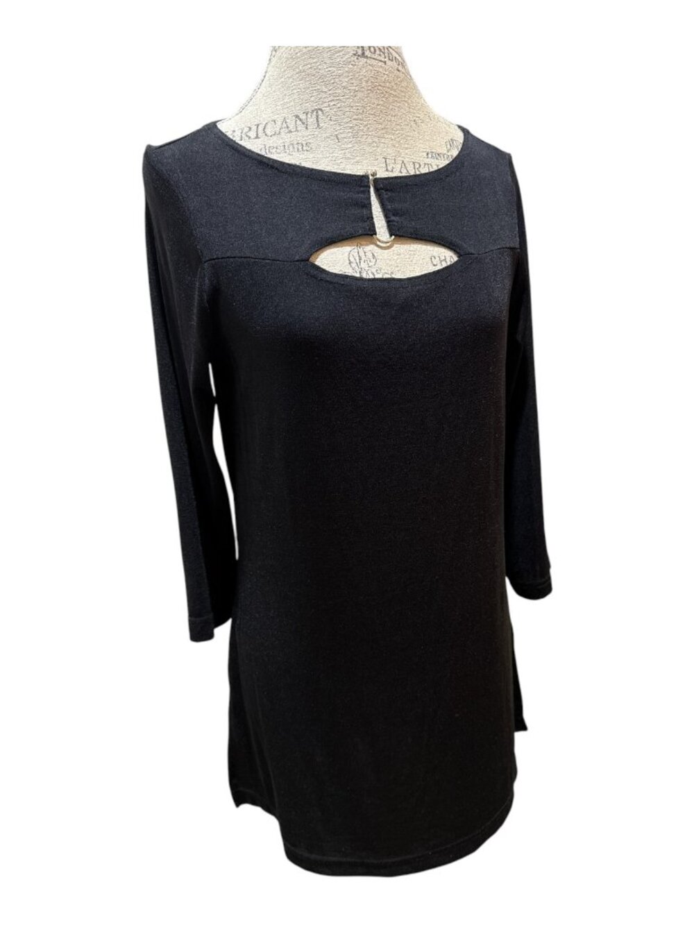 Carolyn Strauss Collection Sz S Black Slinky Stretchy Long Sleeve Key Hole Top